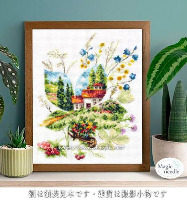 クロスステッチ 夏の洋館風景 74cm×47cm ハンドメイド作品（クロス 